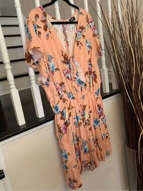 Soft Surroundings Peach Floral Ruffle Wrap Romper